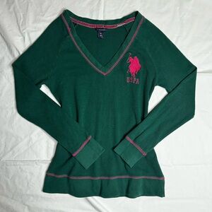 U.S. Polo Assn. - Thermal Long Sleeve V-Neck Green Sweater with Pink Details